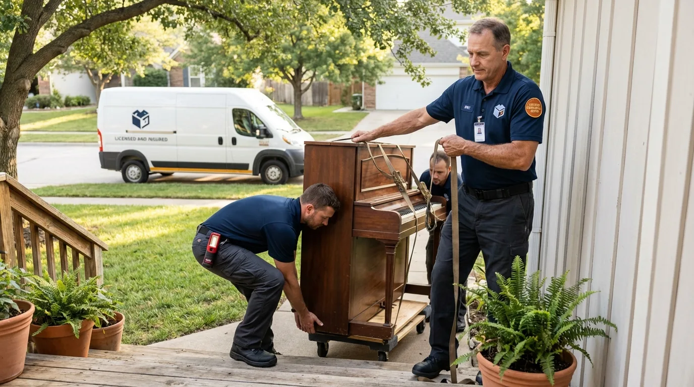 Licensed piano movers securing grand piano in Fairborn, OH