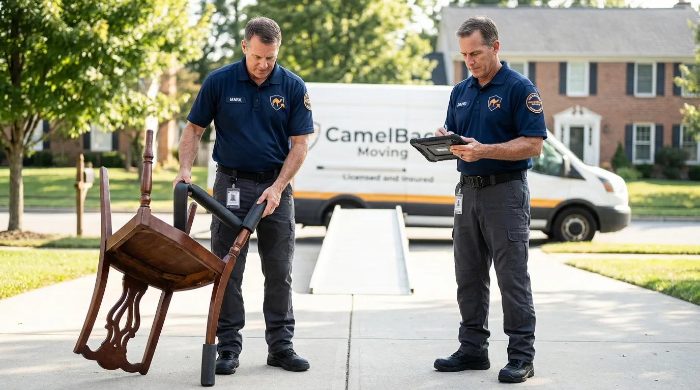 Movers inspecting furniture for damage prevention before loading in Fairborn, OH