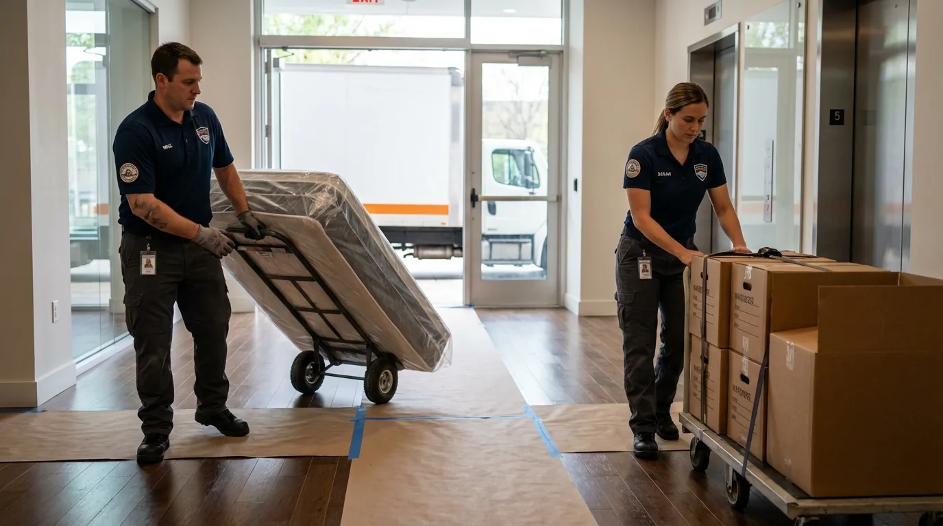 Professional apartment movers loading elevator in Fairborn, OH